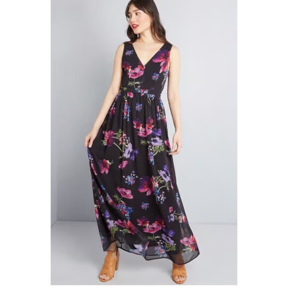 Modcloth "Muster the Length" Maxi Dress Black & Multicolor Floral Size XXS NWT!! - Picture 1 of 5